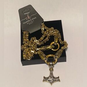 Men's Viking Wolf Head Necklace & Bracelet, includes Nordic Hammerhead Pendant